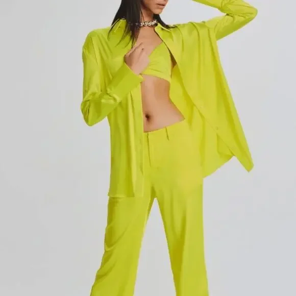 NEW Ser.O.Ya by Retrofête Cayne Silk Shirt - Neon Lime Yellow - XS - $375 - Picture 2 of 12